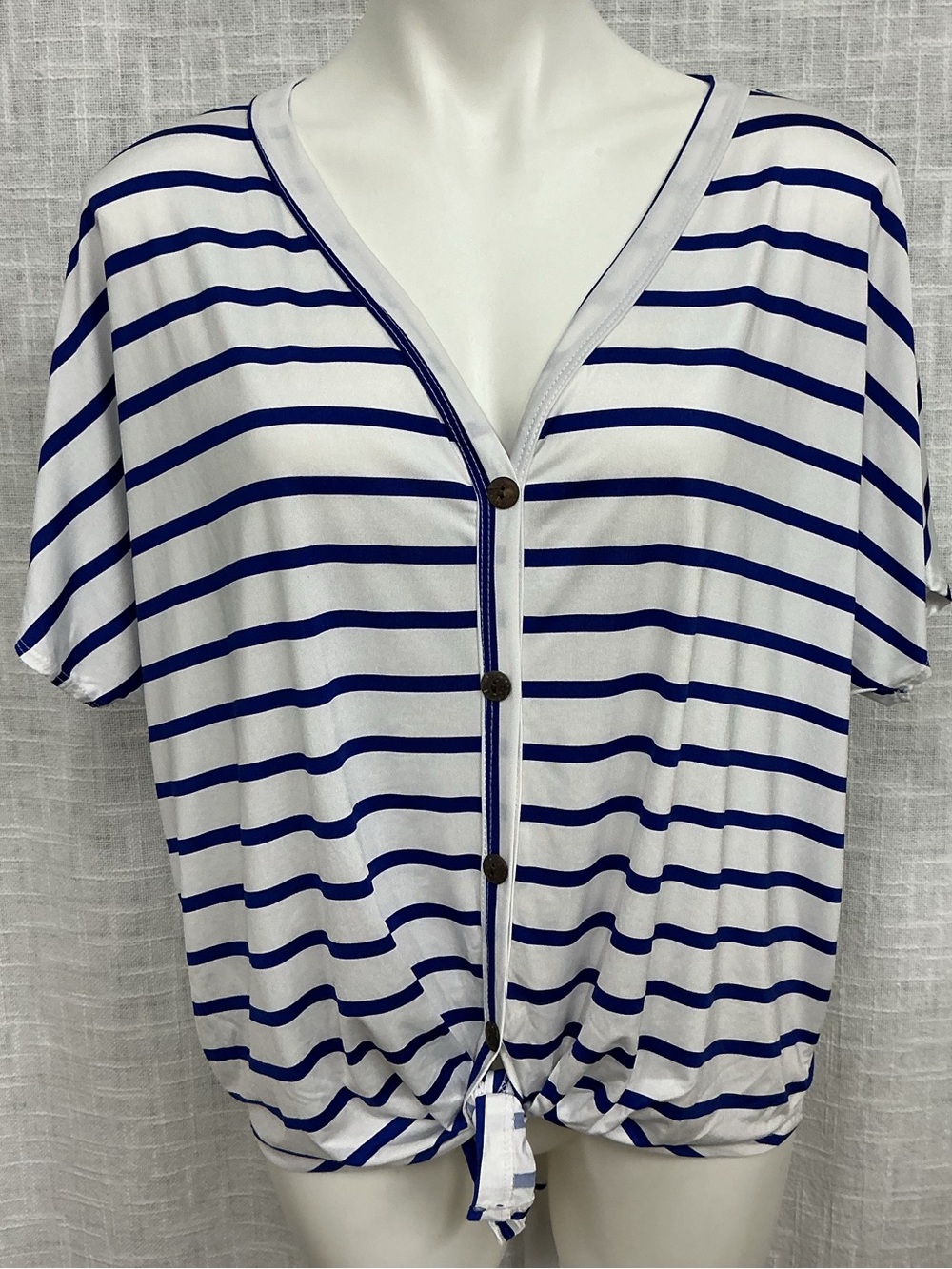 Bellamie White and Navy Striped V-Neck Top with Tie Detail